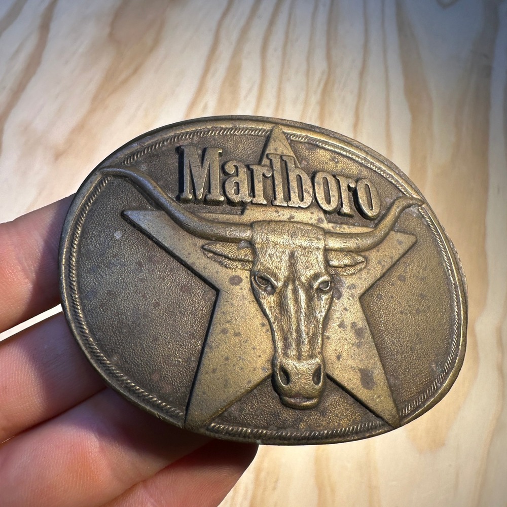 Vintage 1987 Marlboro Solid Brass Longhorn Steer Star Western Belt Buckle OS